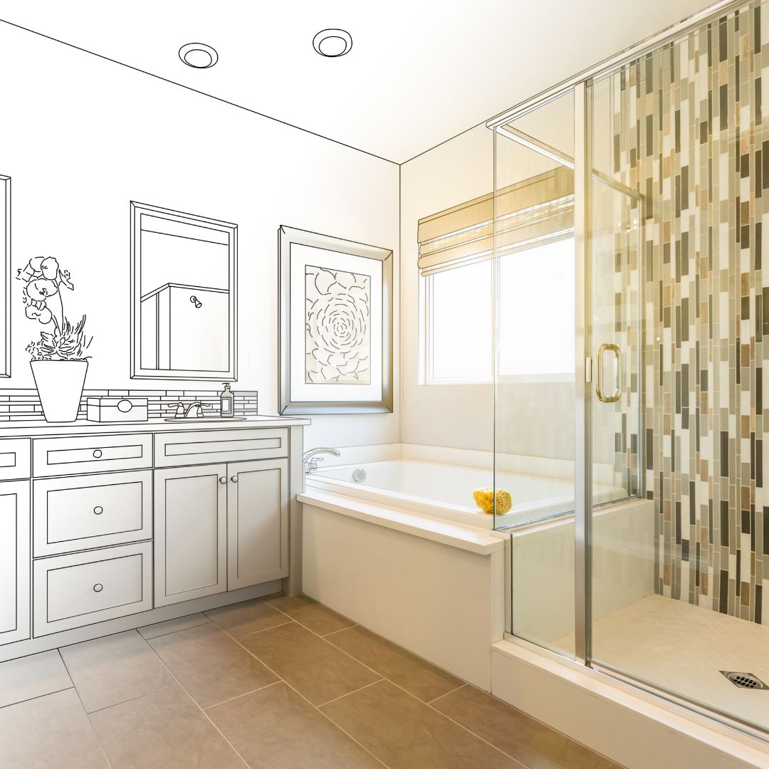 a bathroom design fading into the built out renovated bathroom