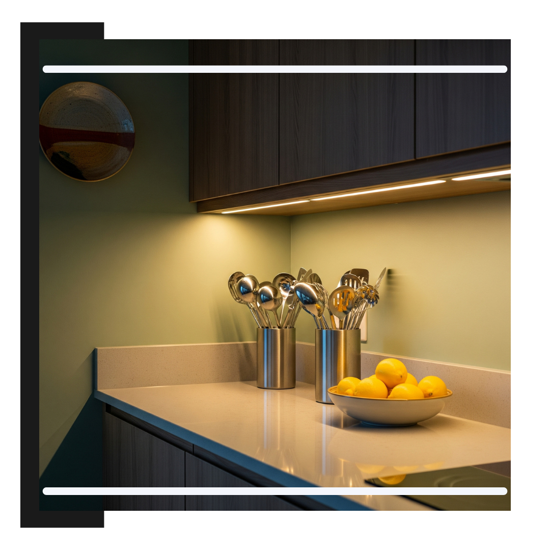 close-up view of a kitchen corner demonstrating the layers of lighting