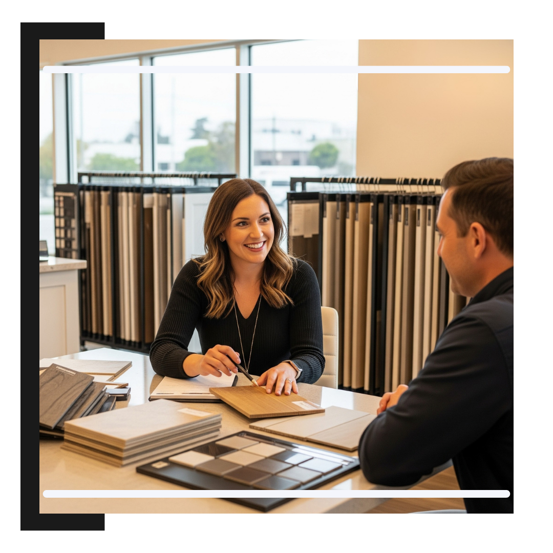 friendly design expert talking with client
