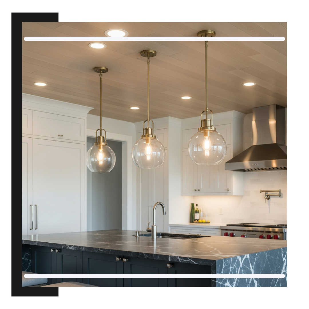 Three elegant pendant lights hanging over a kitchen island