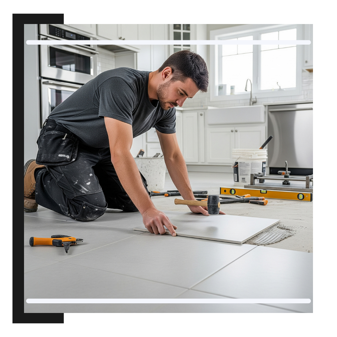 professional installer in kneepads carefully laying the final piece of a beautiful new tile