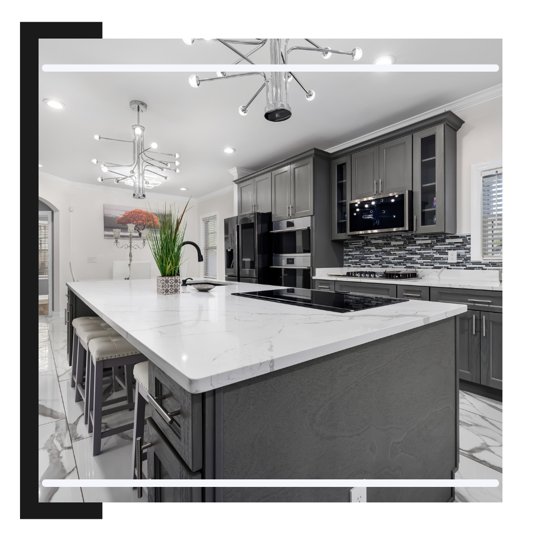 custom kitchen with gray cabinets and countertops