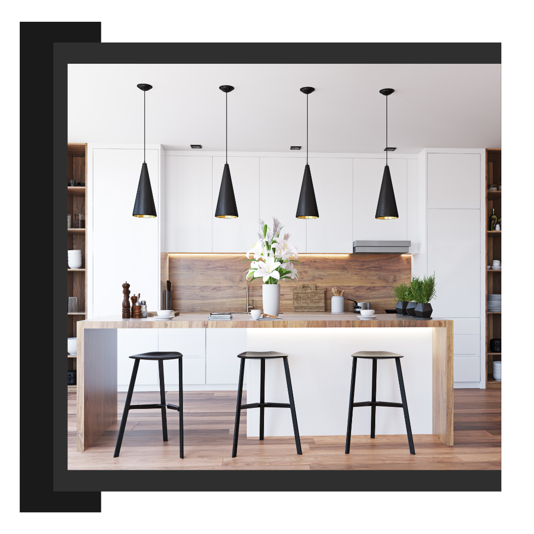 island with lighting overhead